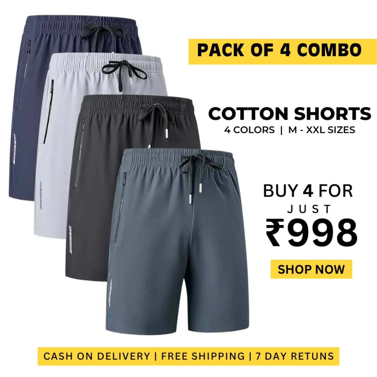 Combo of 4 Stretchable Cotton Shorts | ðŸ”¥FLAT 50% SAVINGðŸ”¥